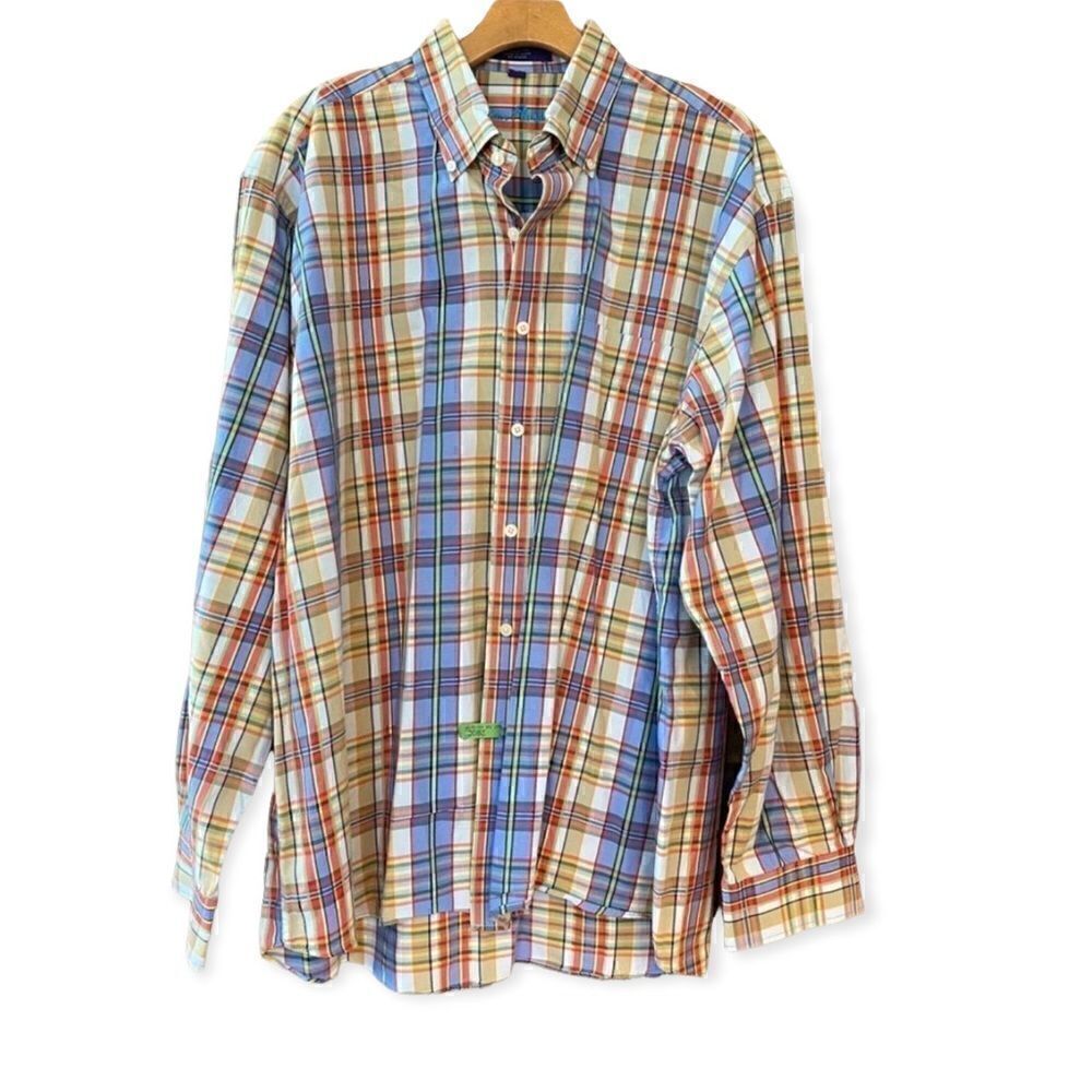 Alan Flusser XL Blue Orange Plaid Cotton Button-Down Dress Casual Shirt